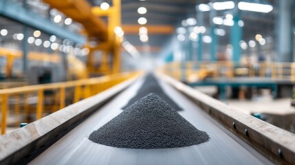 A conveyor belt transports a pile of black plastic pellets through a vibrant manufacturing space, highlighting the organized chaos of production and material handling