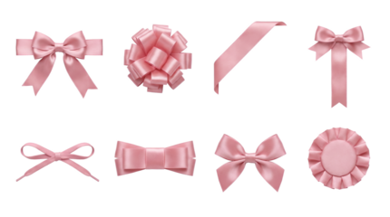 Pink satin ribbon set including gift bows, rosette, shoelace tie, and diagonal strip isolated. Elegant decorative elements for celebrations and packaging.