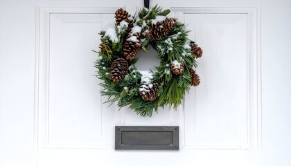 A snow-dusted Christmas wreath with pinecones hangs on a white, paneled door above a mail slot
