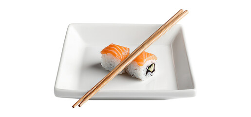 Fresh Sushi Roll with Salmon and Chopsticks on a Modern Plate