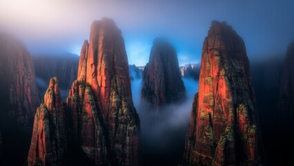Crimson-tinged granite spires piercing through atmospheric mist in a dramatic mountain landscape at dawn
