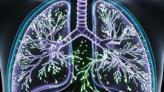 Glowing anatomical lungs with branching bronchi and alveoli highlighted and transparent human lungs with bronchial tree, glowing lymph nodes conveying respiratory anatomy and immune response