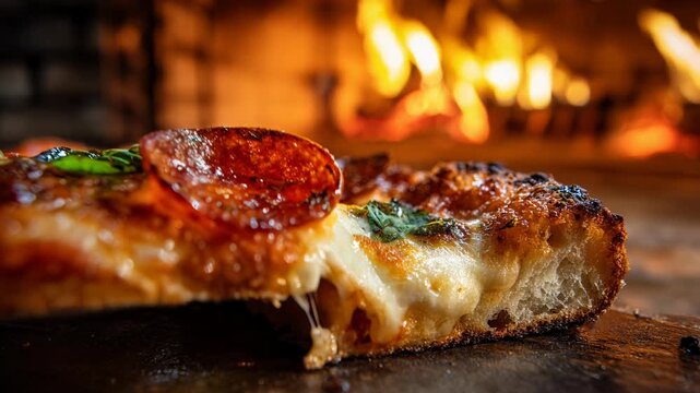 Delicious pepperoni pizza with melted cheese and perfectly baked crispy crust from traditional wood fire oven. Close up on an appetizing slice with warm fire background