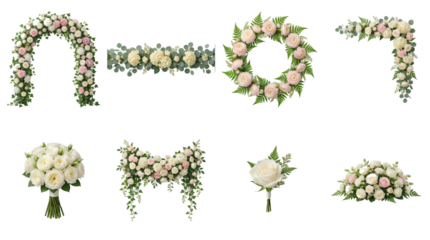 Floral wedding decor set including arch, wreath, garland, corner, bouquet, swag, boutonniere, and centerpiece isolated. Elegant white and pink rose collection.