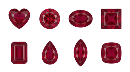 Red ruby gemstone set including heart, round, oval, princess, emerald, pear, marquise, and cushion cuts isolated. Jewelry and luxury gem collection.