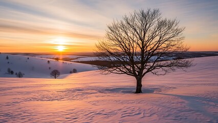 Bare tree standing alone in a snowy landscape at sunset with vibrant orange and pink hues in the sky with winter and serene and peaceful and cold