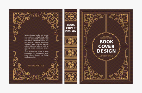 Classic vintage book cover and spine with gold and black art deco, art nouveau ornament, decorative frame, elegant retro style for classic publications, posters, artistic layouts