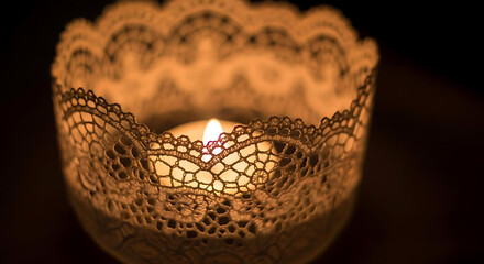 Fototapeta premium A lit candle in a delicate lace doily holder on a dark background