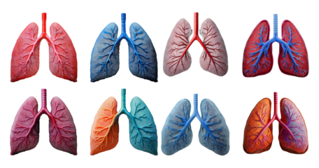 Colorful medical illustrations of human lungs in various styles, isolated on transparent background