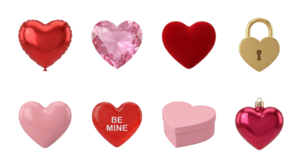 Heart shape object set including balloon, gemstone, velvet, lock, candy, and gift box variants isolated. Valentines day and romantic love collection.