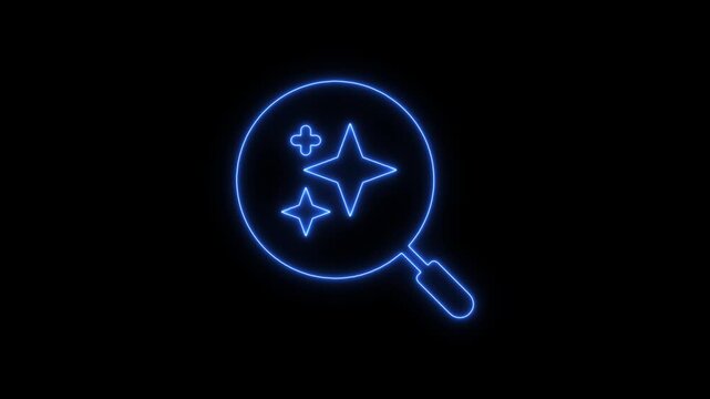 Neon Blue Magnifying Glass with Glowing Stars and Plus Sign on Black Background for Search Concept