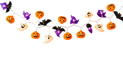Halloween spooky character string lights with pumpkins, ghosts, and bats