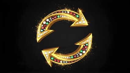 Luxurious golden circular arrow icon embellished with sparkling diamonds and colorful gemstones representing a sophisticated concept of renewal or continuous exchange against a dark background
