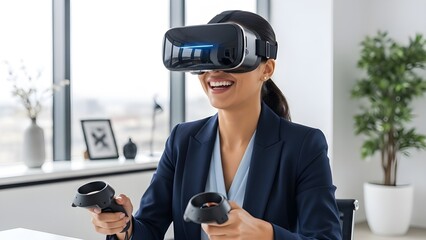Smiling businesswoman wearing virtual reality glasses, exploring immersive digital technology for modern business, innovation, and future-focused professional work.