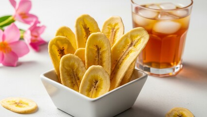 Crispy golden banana chips served in a minimalist white bowl, paired with a cup of warm tea on a light textured surface.