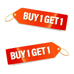 Orange buy 1 get 1 price tags isolated on white background