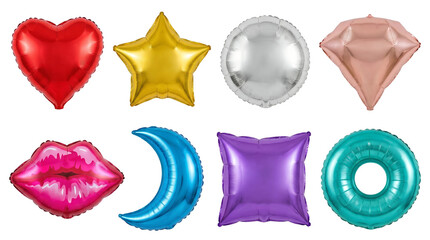 Mylar foil balloon set including heart, star, moon, circle, square, diamond, ring, and lips shapes isolated. Party and celebration decoration elements.