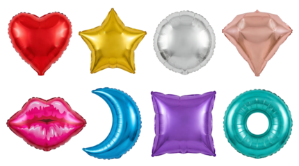 Mylar foil balloon set including heart, star, moon, circle, square, diamond, ring, and lips shapes isolated. Party and celebration decoration elements.
