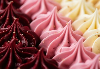 Close-up of swirled frosted cakes and meringues in delicious colors