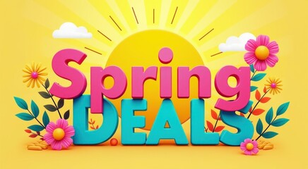 A yellow background with a bright sun and flowers and the words spring deals sale discount concept