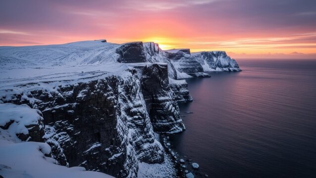 Snowy cliffs at sunset landscape marketing - Powered by Adobe
