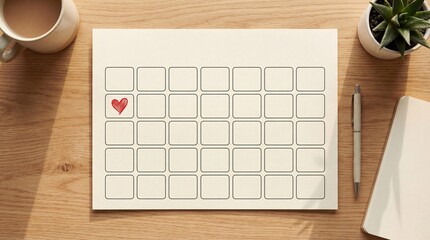A blank calendar template on a wooden table with a heart drawn in red.