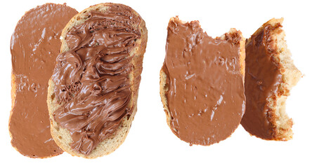 slices of rustic bread generously spread with smooth chocolate hazelnut spread, one slice showing bite marks, presented on a white background for a decadent breakfast or snack.