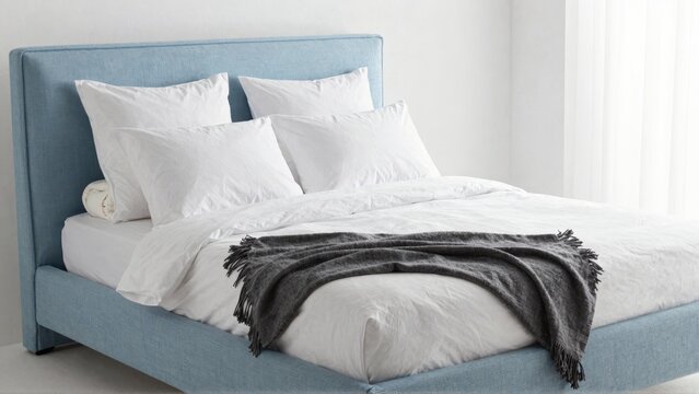 Clean bed with blue headboard white pillows sheets and gray blanket