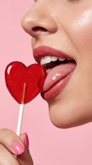 Woman licking red heart lollipop close up on pink background valentine concept
