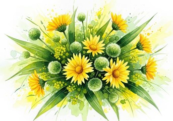 Vibrant yellow daisy and greenery floral arrangement watercolor painting