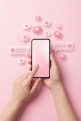 Social media love notifications on smartphone hands pastel pink background
