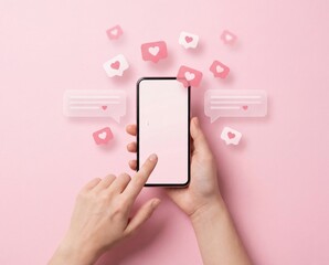Social media love notifications on smartphone hands pastel pink background
