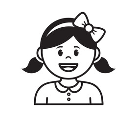 Simple Line Drawing of a Smiling Girl with Pigtails and Closed Eyes in Black and White Style