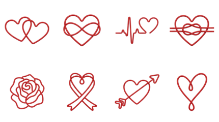 Red heart symbols set including infinity, heartbeat, rose, and arrow variants isolated. Love and valentines day icon collection.