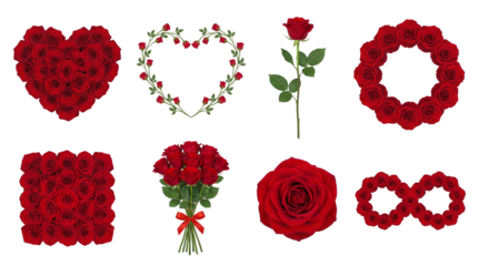 Red rose set including heart shape, wreath, bouquet, single stem, and infinity symbol isolated. Romantic floral collection for valentines day and weddings.