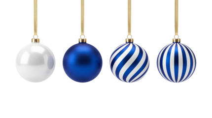 Set of Four Blue and White Christmas Ornaments with Gold Ribbons Isolated on White