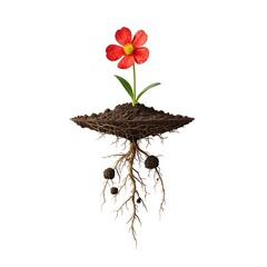 Flower with roots in soil floating in air, nature biology concept, isolated on white background
