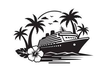 Striking vector illustration of a magnificent cruise ship gracefully navigating ocean waves, a classic black and white graphic evoking grand voyages and maritime adventures.