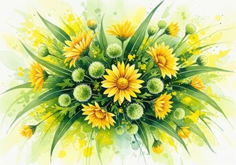 Vibrant yellow dandelion bouquet with green buds watercolor painting