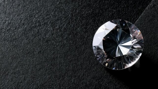 Luxury macro vdo of brilliant precious diamond jewel on textured black stone background. An elegant classic gemstone symbolizing wealth, timeless romance and love