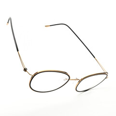 Flying glasses with transparent lenses on white and grey background for office and reading purposes