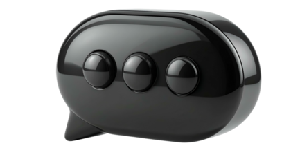 Glossy, black 3D speech bubble with three dots, signifying communication