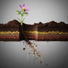 Growth concept showing purple flower with extensive roots penetrating layered subterranean soil profile