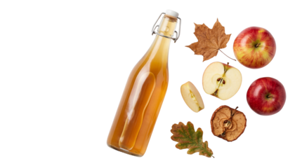 Apple Cider Vinegar Bottle with Fresh and Dried Apples and Autumn Leaves Flat Lay
