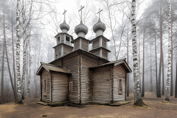 Traditional Russian wooden Orthodox church with onion domes and crosses standing in a mysterious misty birch forest, historical architecture heritage