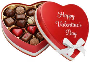 Open heart shaped box with luxury chocolate truffles and white ribbon