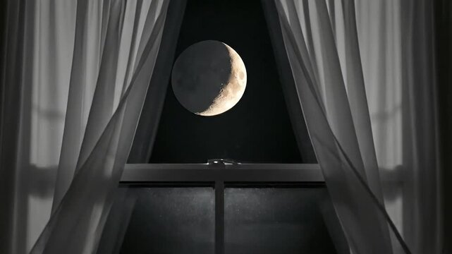 Night view through window crescent moon curtains and darkness