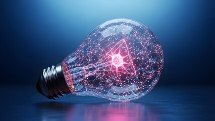 Illuminated conceptual light bulb resting on a reflective surface displaying a complex glowing digital network pattern representing artificial intelligence or big data innovation in the dark