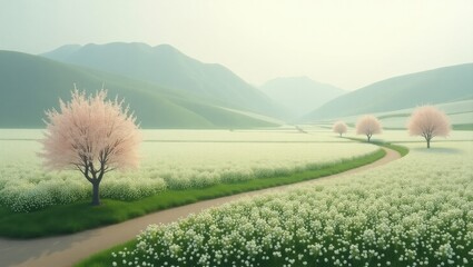 Serene path through blossoming fields