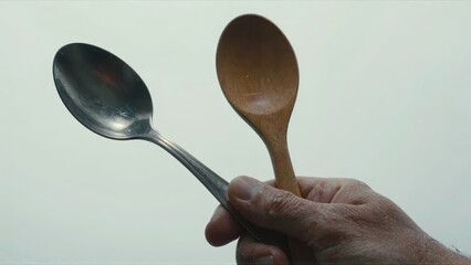 Hand holding metal and wooden spoons